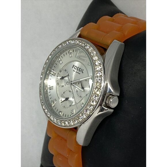 Fossil ES3202 Women Orange Rubber Analog Silver Dial Quartz Genuine Watch HK1018 - Picture 4 of 12